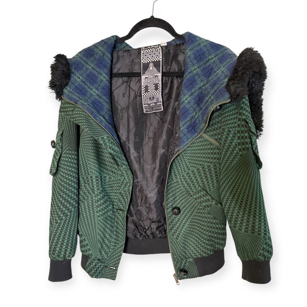 VTG L.A.M.B Gwen Stefani Fall 2008 Size Sm Green Bomber Coat Houndstooth - Picture 7 of 11